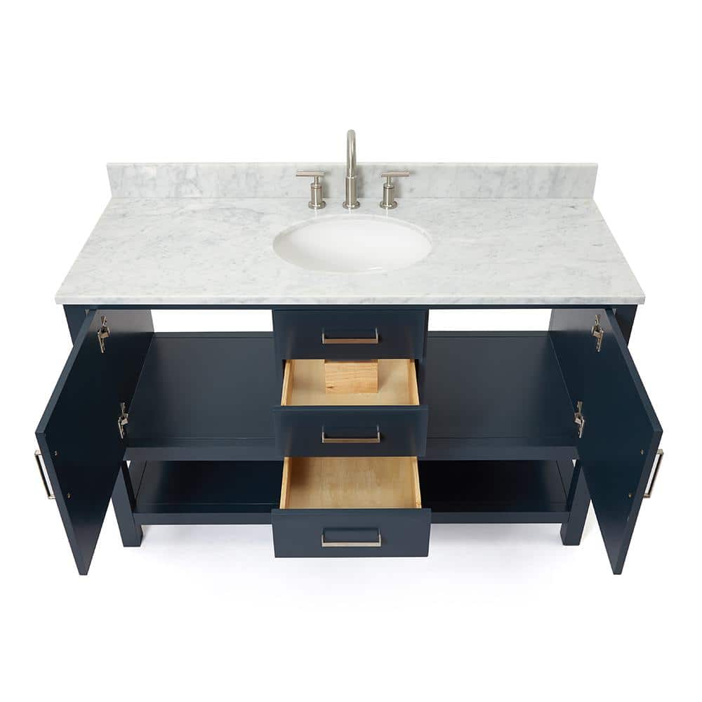 Midnight Blue Single Vanity with White Marble Top, 55"
