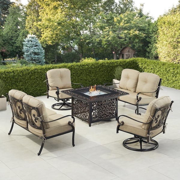 Oakland Living Black 5 Piece Aluminum Patio Fire Pit Table Set with 2 Loveseats and 2 Club Chairs with Tan Cushions