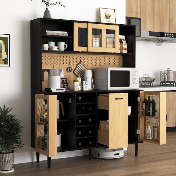 Tileon 59 in. H Buffet Sideboard Cabinet with Storage Door, Power Outlet Farmhouse Coffee Bar Cabinet with Wine Rack in Black
