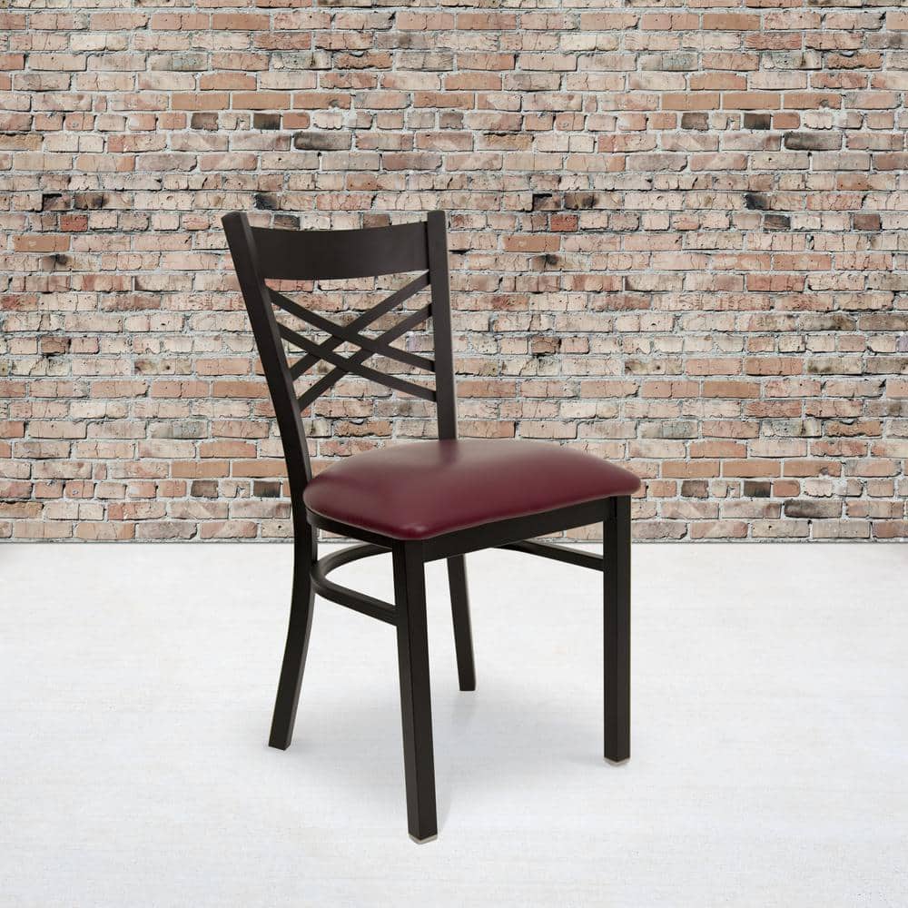 Elegant Burgundy Vinyl and Black Steel Cross Back Side Chair