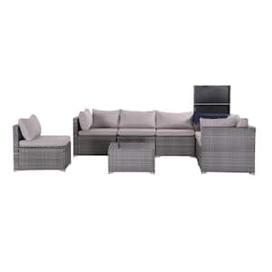 8-Piece Gray Wicker Patio Conversation Set with Gray Cushions, Corner storage box and Coffee Table
