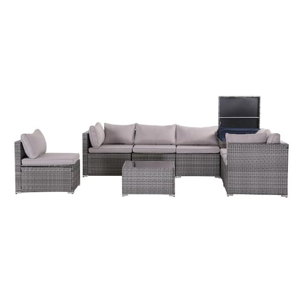 Sudzendf 8-Piece Gray Wicker Patio Conversation Set with Gray Cushions, Corner storage box and Coffee Table