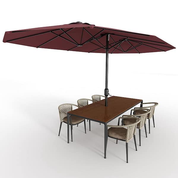 13 ft. Outdoor Double-Sided Rectangular Market Patio Umbrella with Crank Lift in Claret