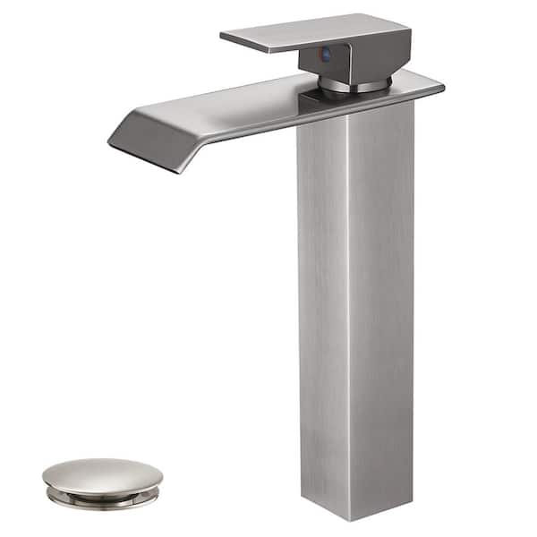 Waterfall Single Hole Single Handle Bathroom Vessel Sink Faucet with Pop-up Drain Assembly in Brushed Nickel