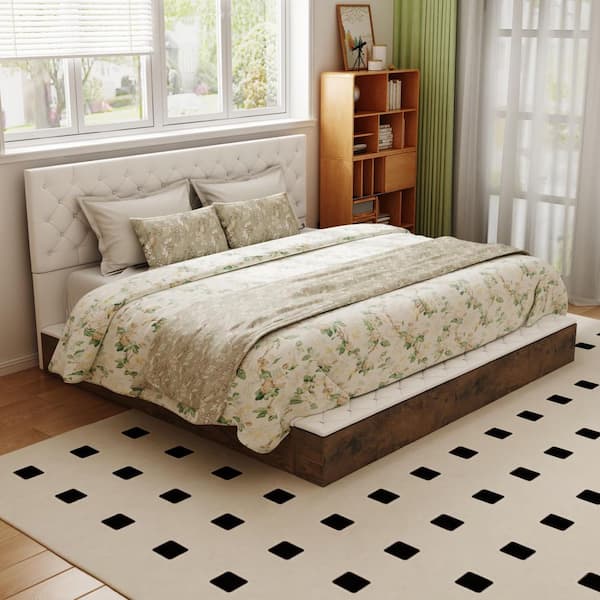 FUFU&GAGA White MDF Faux Leather Frame Queen Panel Bed with LED Light and Storage Drawer