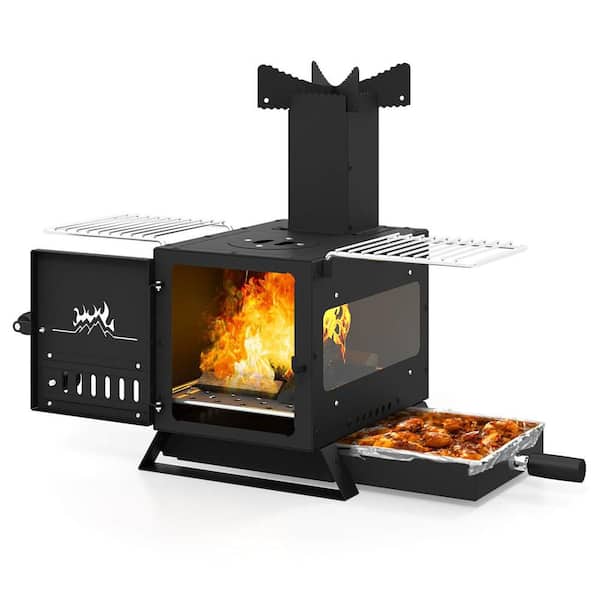 Stainless Steel Camp Wood Burning Stove with Heat Resistant Glass Window, Grill Net