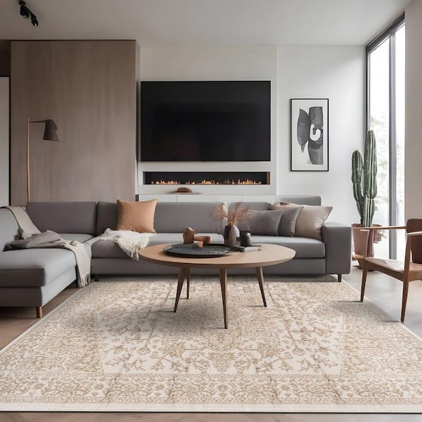 Athena Beige 8 ft. x 10 ft. Rubber Back Washable Oriental Border Indoor Outdoor Patio Area Rug