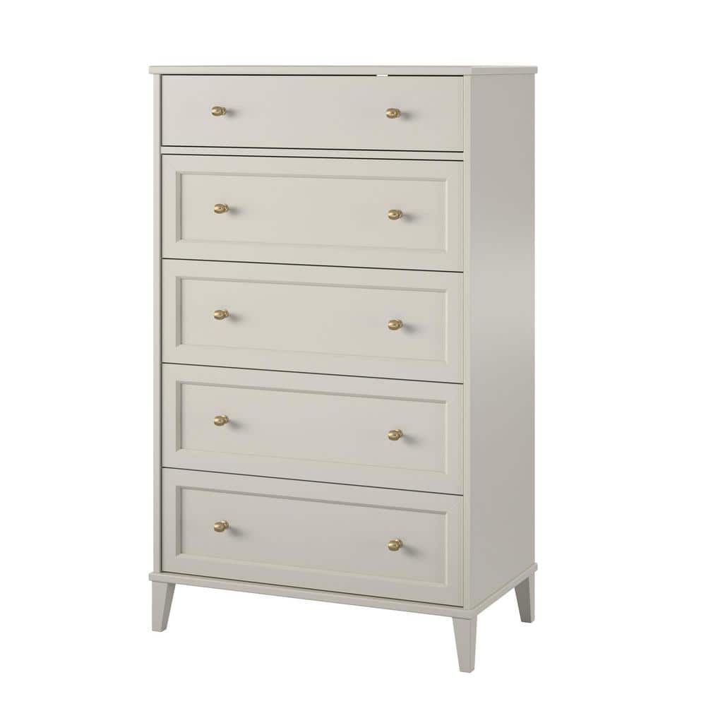 Taupe Tall 5-Drawer Dresser with Gold Hardware