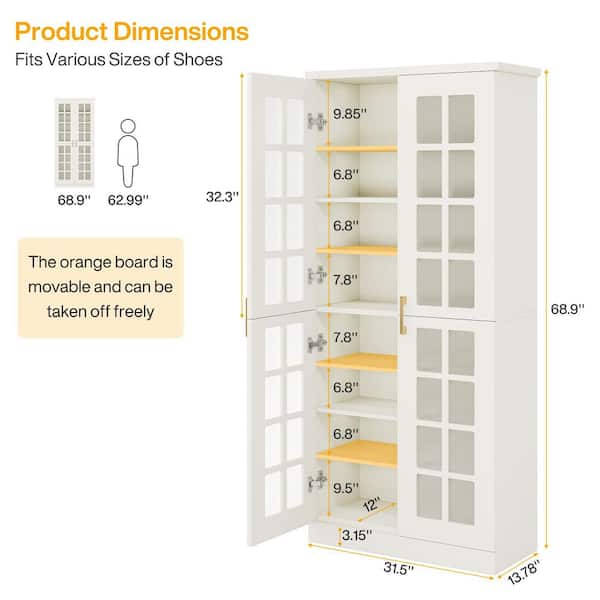 69 in. H x 31.5 in. W White Engineered Wood Shoe Storage Cabinet, 8-Tier Shoe Organizer Entryway Shoe Rack with Doors