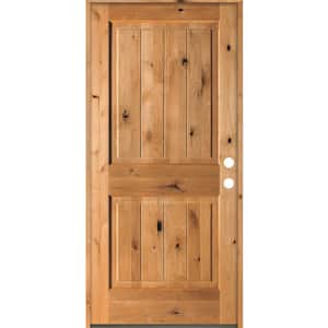 36 in. x 80 in. Rustic Knotty Alder Square Top V-Grooved Clear Stain Left-Hand Inswing Wood Single Prehung Front Door