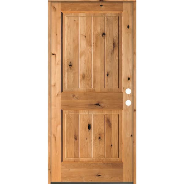 Krosswood Doors 42 in. x 80 in. Rustic Knotty Alder Square Top V-Grooved Clear Stain Left-Hand Inswing Wood Single Prehung Front Door