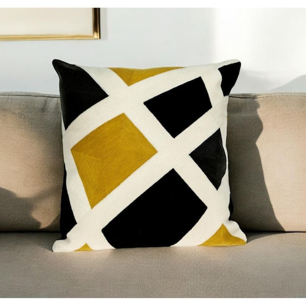HomeRoots Black, Yellow Geometric Polyester 20 in. x 20 in. Throw Pillow