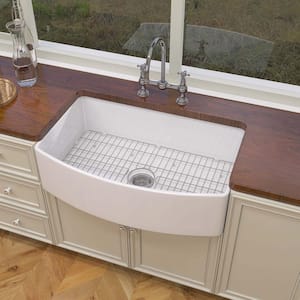 33 in. L x 21 in. W Farmhouse Apron Front Kitchen Sink, Fireclay Farm Single Bowl Sink Arch Edge Curved Deep Sink White