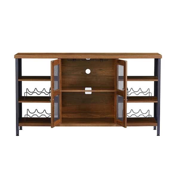 Unbranded 55.12 in. W x 13.78 in. D x 30.31 in. H Brown Oak Linen Cabinet Sideboard with Wine Racks and Stemware Holder