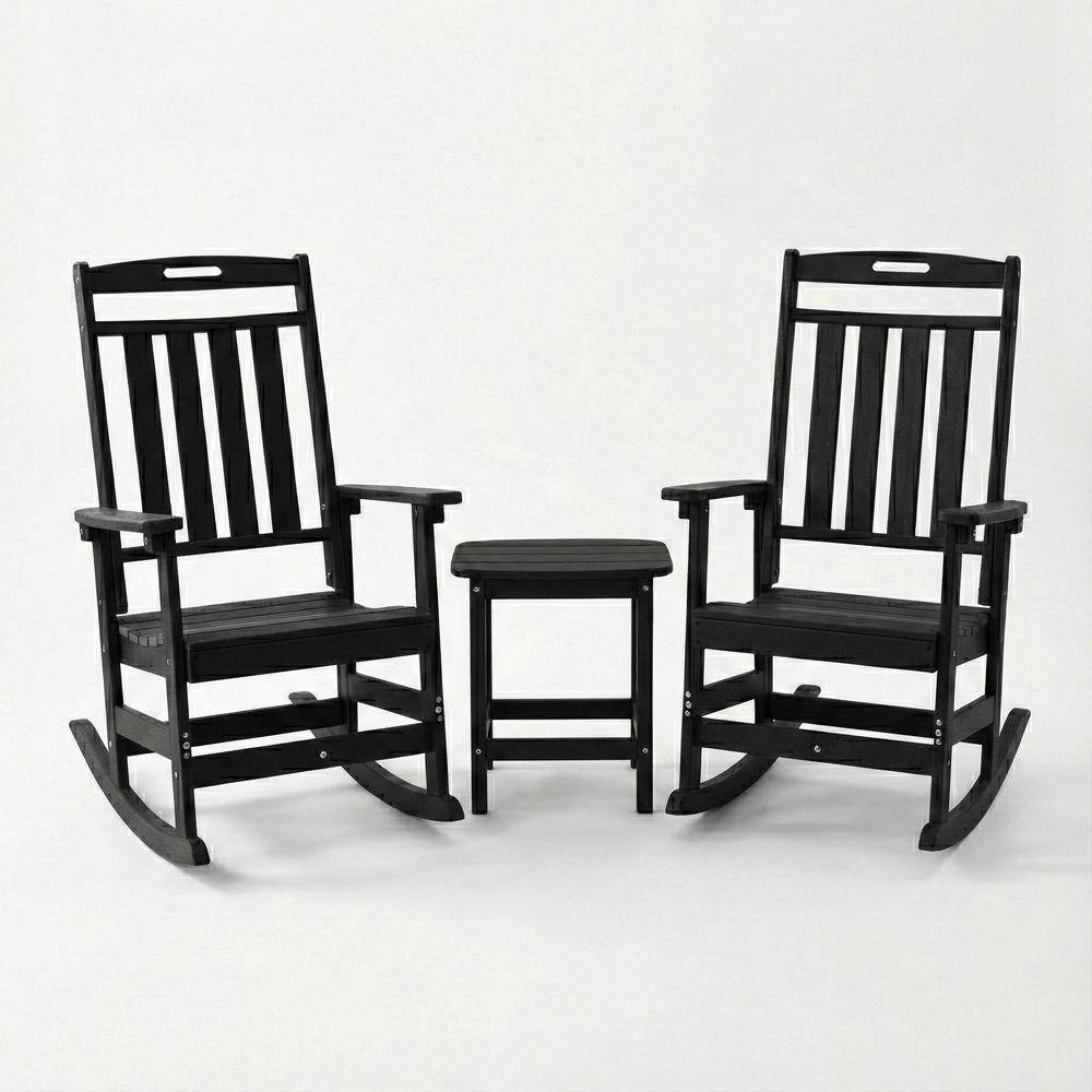 Upland 3-piece black HDPE outdoor rocking chair set with side table