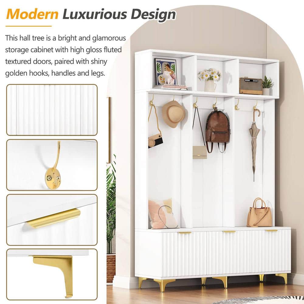 White and Gold Large Hall Tree with Bench and Storage