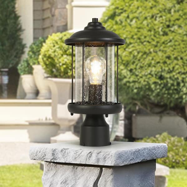 1-Light Black Metal Modern Outdoor Weather Resistant Pier Mount Light Post Lantern with LED