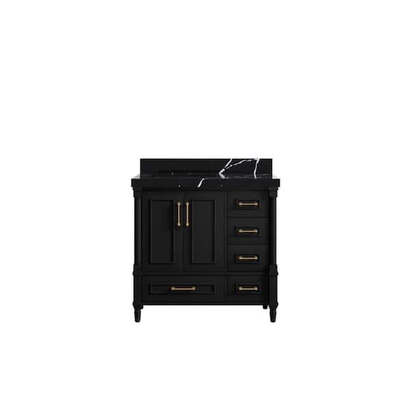 Willow Collections Hudson 36 in. W x 22 in. D x 36 in. H Left Offset Sink Bath Vanity in Black with 2 in. Calacatta Black Top