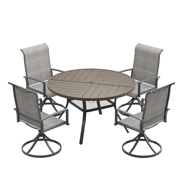 5-Piece Metal Outdoor Dining Set with 40.6 in. Gray Wood-Like Round Table and 4 Gray Swivel Dining Chairs for 4 Person