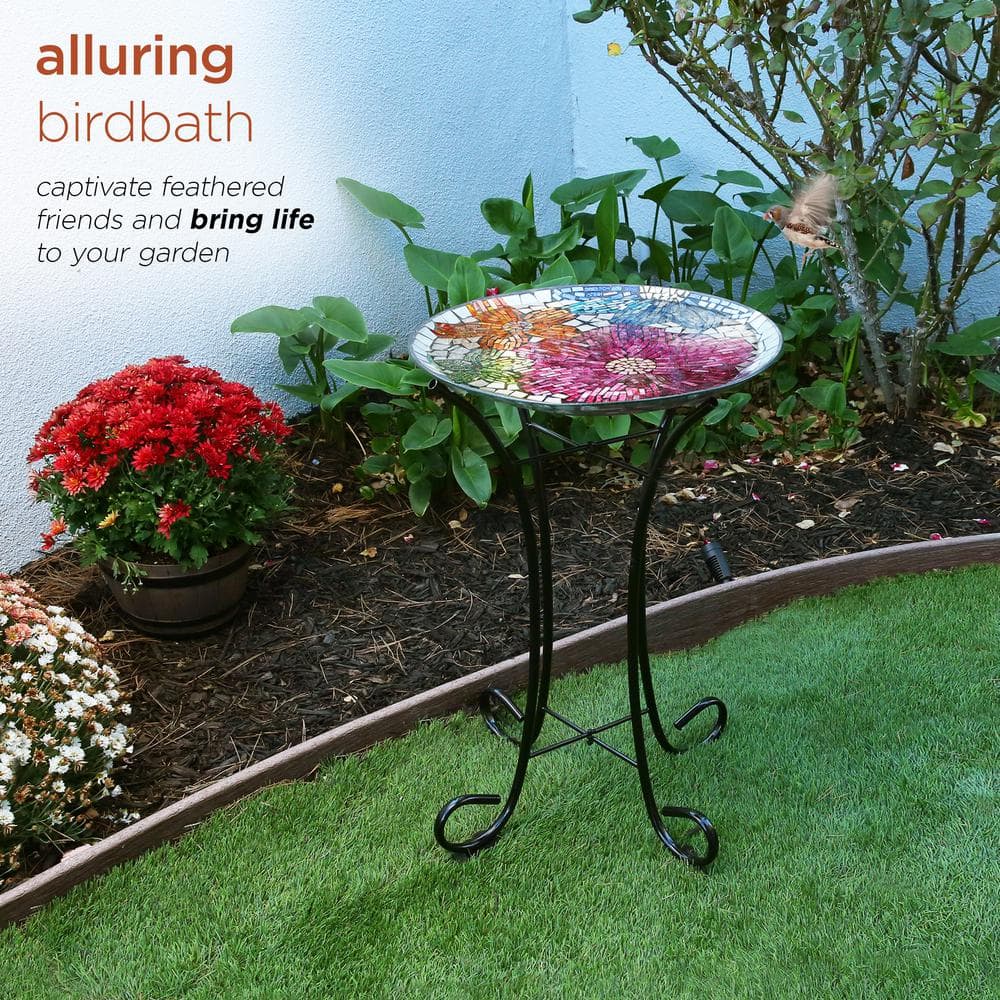 Alpine 18" Multicolor Mosaic Glass Bird Bath with Stand