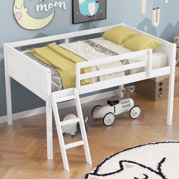 Harper & Bright Designs White Twin Size Wood Low Loft Bed with Sloping Ladder