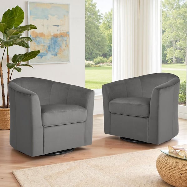 Modern Gray Velvet Upholstered 360° Swivel Accent Barrel Chair(Set of 2)