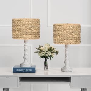 21.3 in. Resin Poly White Table Lamp Set with Brown Weaved Shade and Cable (Set of 2)