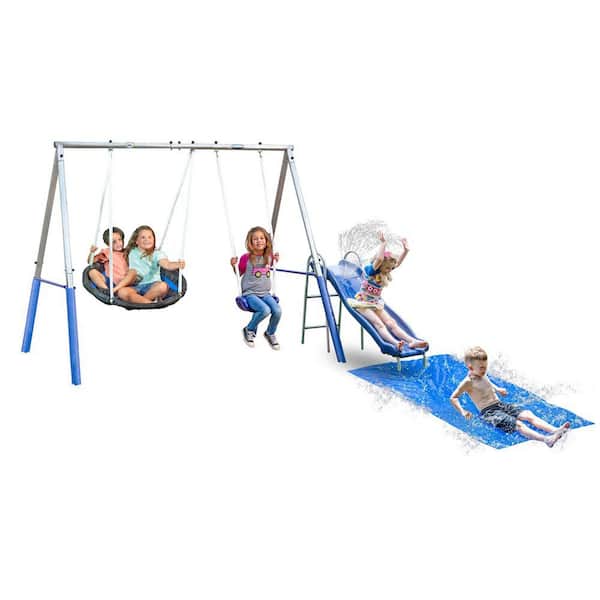 Playtime Fun Outdoor Playset 3-8 Years Old with Water Slide, Super Disc Swing and Swing Seat