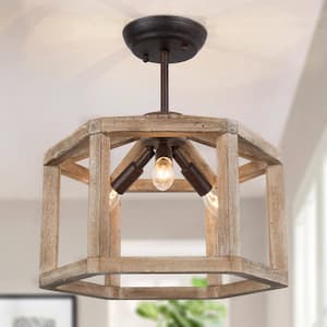 Brown Wood Geometric Semi-Flush Mount with Industrial Rusty Bronze Candlestick Base, 3-Light Geometric Ceiling Lighting