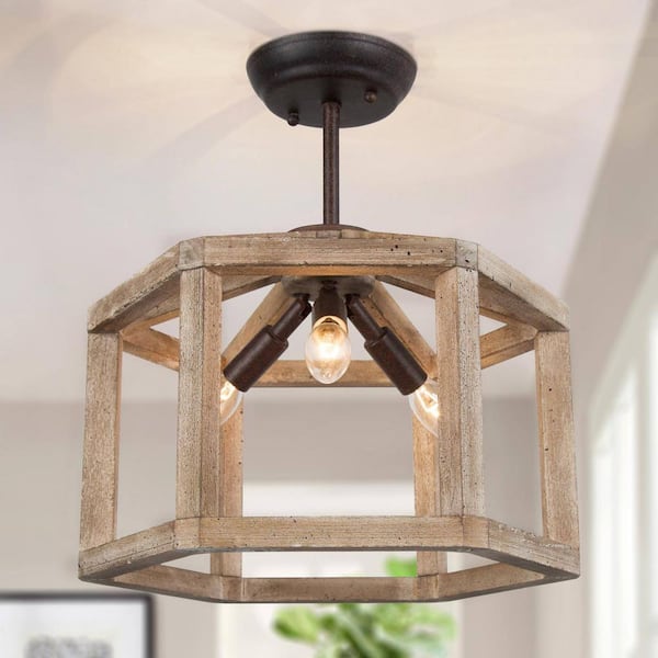 LNC Brown Wood Geometric Semi-Flush Mount with Industrial Rusty Bronze Candlestick Base, 3-Light Geometric Ceiling Lighting