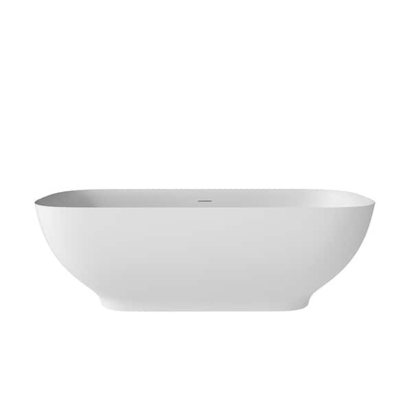 VANITYFUS 67 in. Stone Resin Flatbottom Solid Surface Freestanding Soaking Bathtub in White with Brass Drain