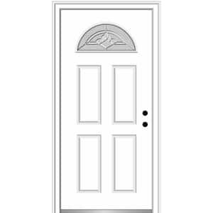 36 in. x 80 in. Grace Left-Hand Inswing Fan-Lite Decorative Primed Fiberglass Prehung Front Door, 4-9/16 in. Frame