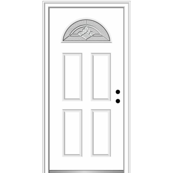 MMI DOOR 32 in. x 80 in. Grace Left-Hand Inswing Fan-Lite Decorative 4-Panel Primed Steel Prehung Front Door on 6-9/16 in. Frame