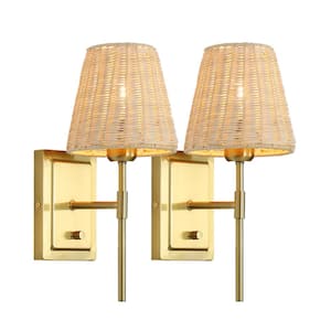 14.7 in. 2-Light Gold Wall Sconce Rattan Wrapped Wall Lamp