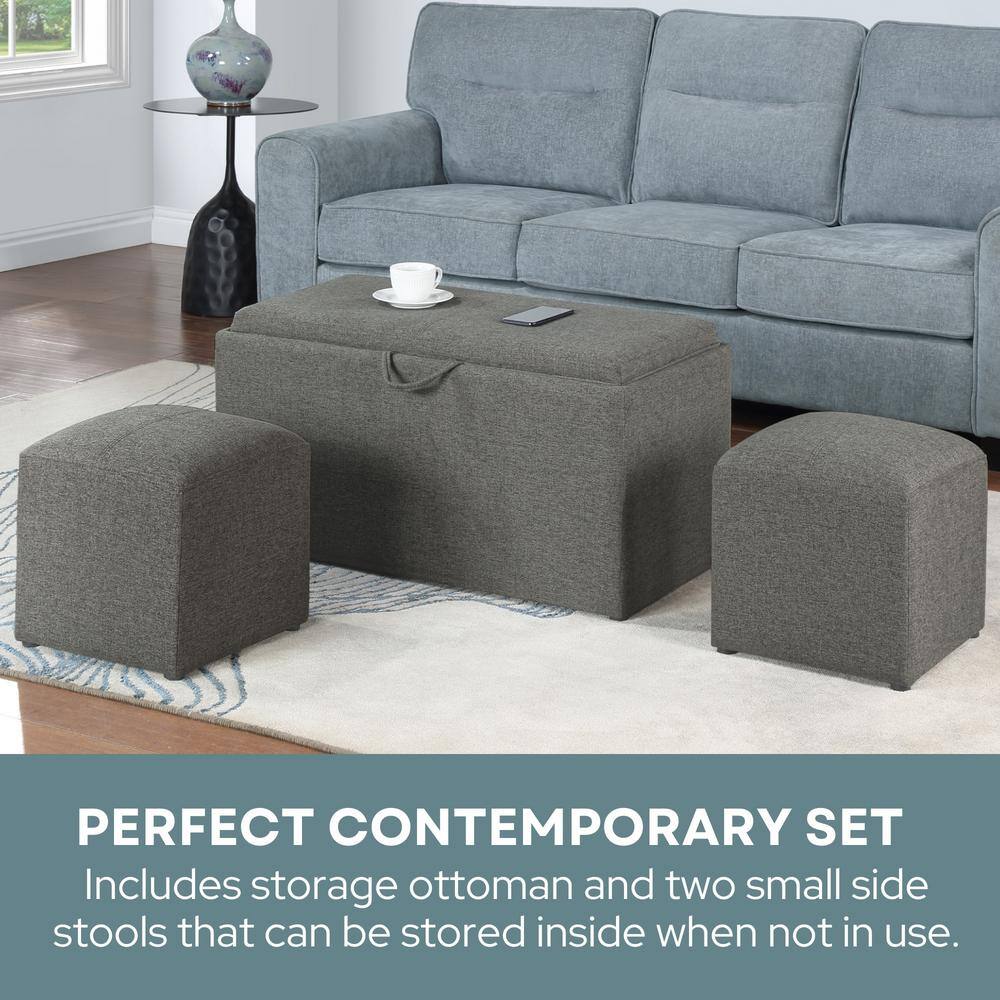 Elegant Gray Storage Bench with Reversible Tray and Side Ottomans