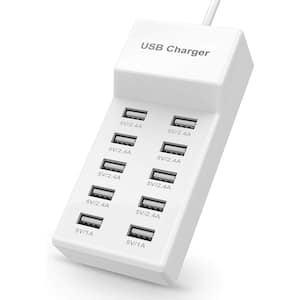 10-Port USB Charger with Rapid Charging for Multiple Devices Smart Phone, Tablet, Laptop and Computer in White