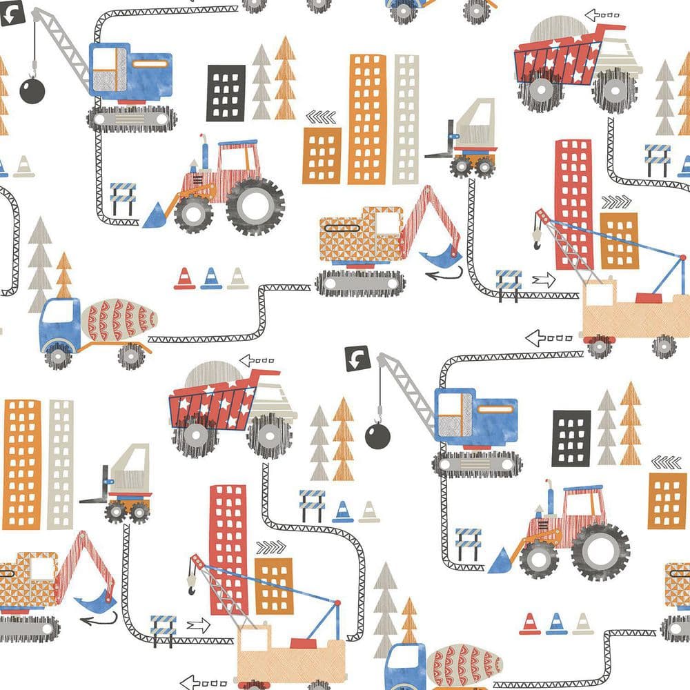 Tiny Tots 2-Collection Red/Blue/Orange Matte Kids Construction Trucks Paper Non-Pasted Non-Woven Wallpaper Roll