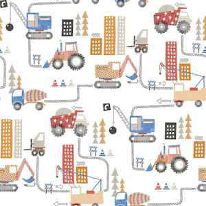 Tiny Tots 2-Collection Red/Blue/Orange Matte Kids Construction Trucks Paper Non-Pasted Non-Woven Wallpaper Roll