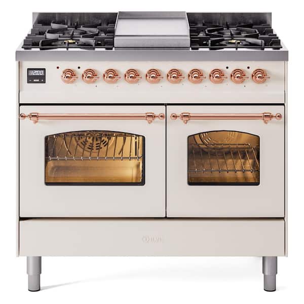 ILVE Nostalgie II 40 in. 6-Burner plus Griddle Double Oven Liquid Propane Dual Fuel Range in Antique White with Copper