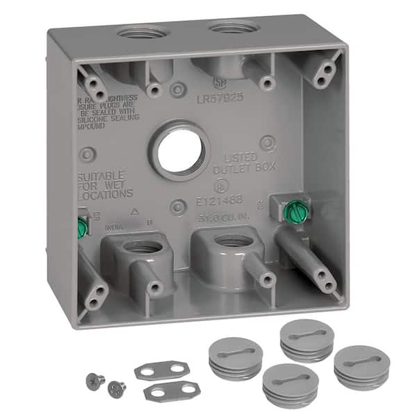 Commercial Electric 2-Gang Metal Weatherproof Electrical Outlet Box with (5) 3/4 inch Holes, Gray