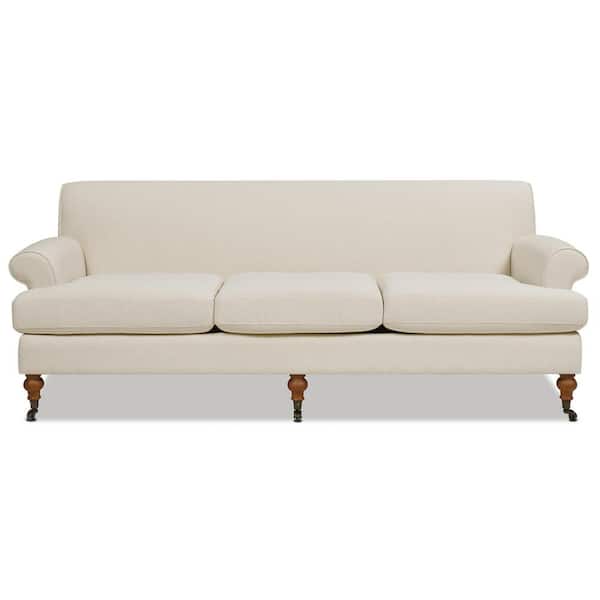 Jennifer Taylor Alana 88 in. Rolled Arm Lawson French Country Linen Three-Cushion Tightback Sofa Couch with Metal Casters in Light Beige