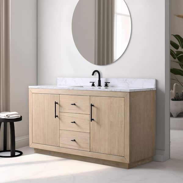 60 in. W x 22 in. D x 38 in. H Single Sink Bath Vanity in Light Wheat with Arabescato White Engineered Marble Top