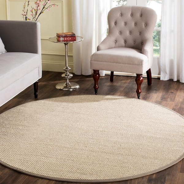 Natural Fiber Marble/Khaki 12 ft. x 12 ft. Woven Border Round Area Rug