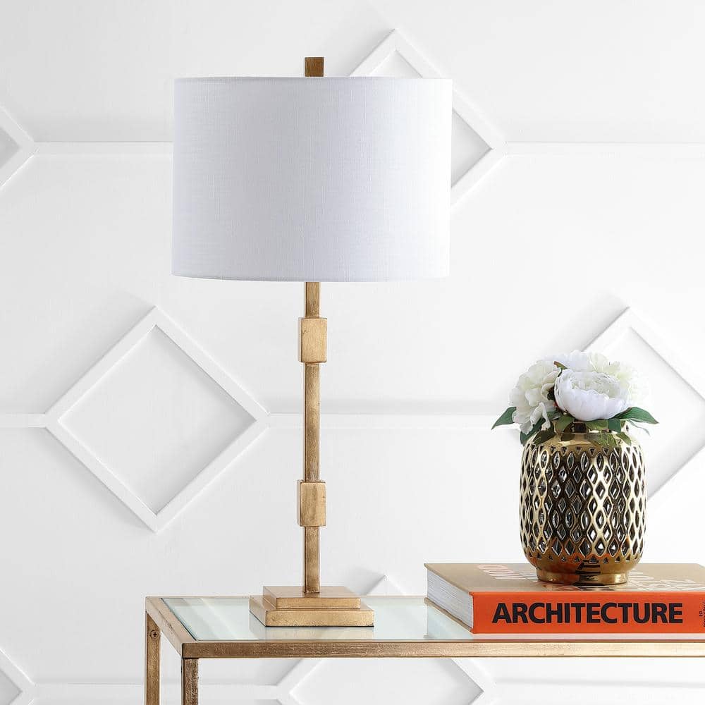 Transitional 29" Gold Leaf Column Table Lamp with Linen Shade