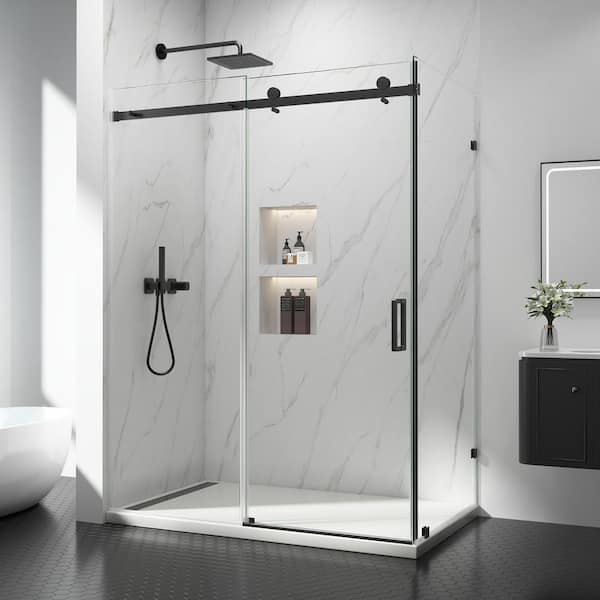 56-60 in. W x 36 in. D x 76 in. H Frameless Corner Sliding Shower Door Enclosure in Matte Black with Clear Glass