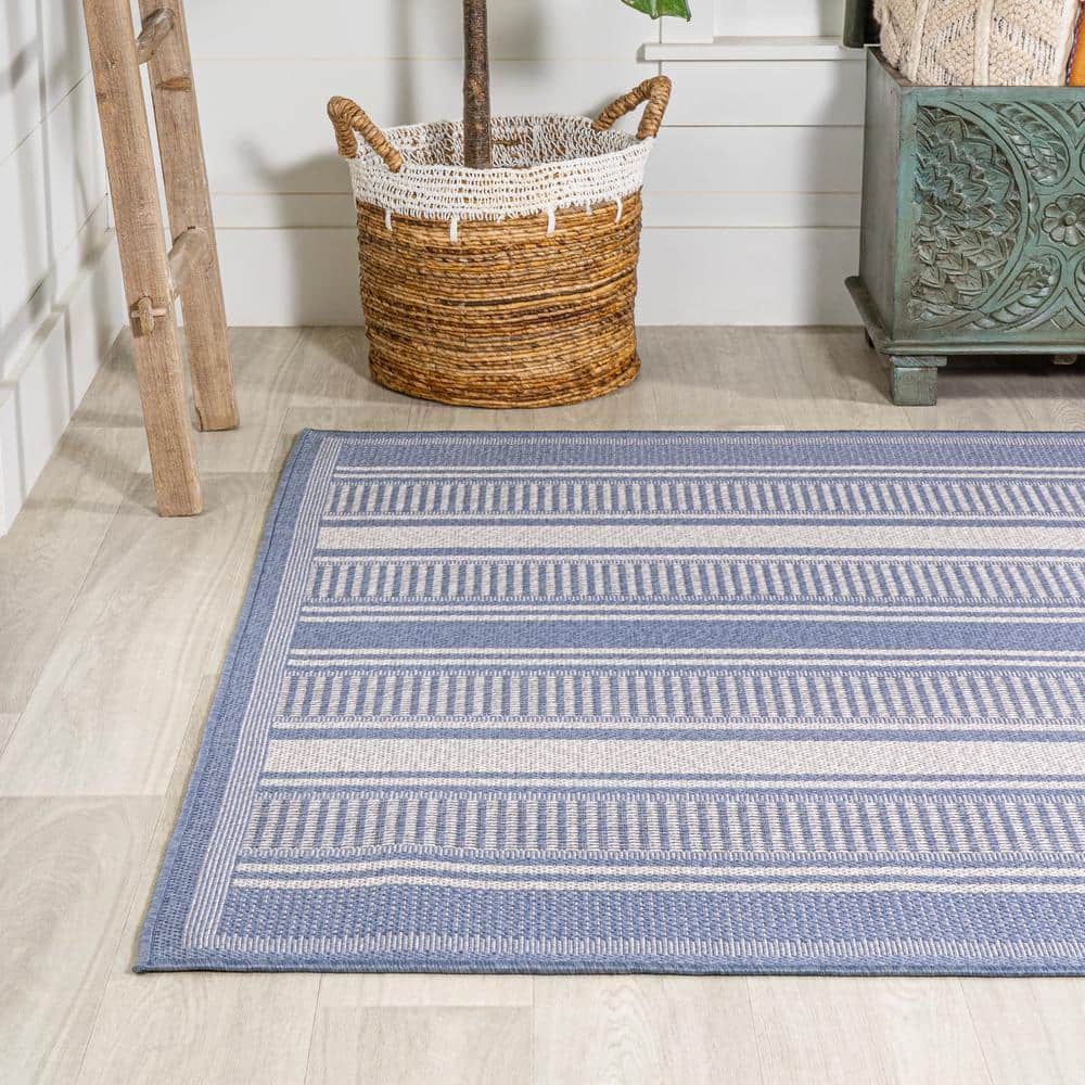 Modern Double Stripe Blue/Light Gray 3'x5' Synthetic Indoor/Outdoor Rug