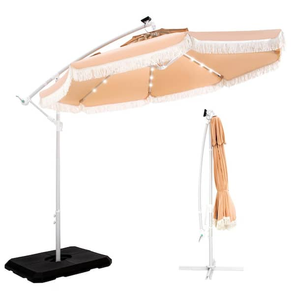 PHI VILLA 10 ft. Metal Cantilever Solar Patio Umbrella in Beige With Lights Tassel Design and Crossed Base