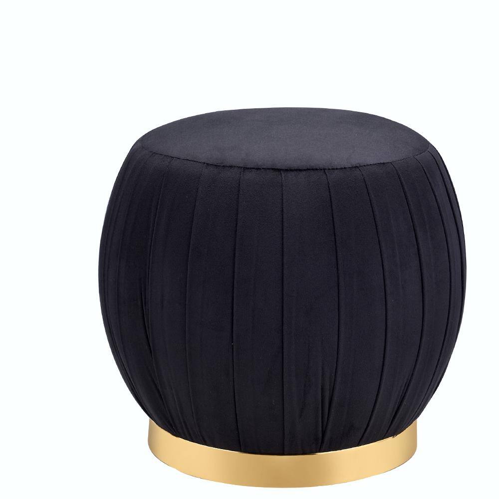 Meelano Luxe Round Black Velvet Ottoman with Gold Cylinder Base
