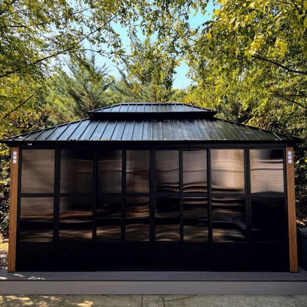 12ft. x 16ft. Sunroom Hardtop Gazebo Solarium Galvanized Steel Double Roof Aluminum PC Mesh Screen House Backyard Brown