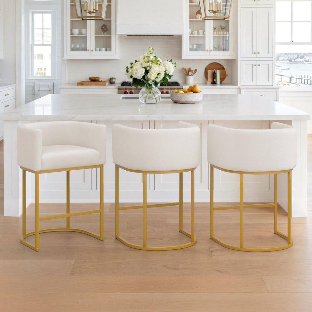 32.5 in. H Beige and Gold Barstool Low Back Metal Frame Counter Height Bar Stool with Lin.en Seat (Set of 3)
